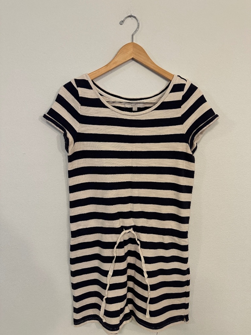 LOFT Navy Ivory Stripe 100% Cotton Drawstring Waist Dress Women's M